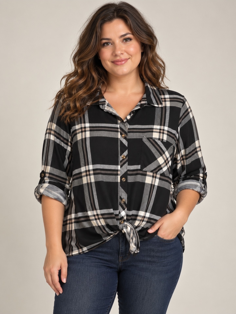 Just Be Black & White Plaid Tie-Front Button-Down Shirt 2X
